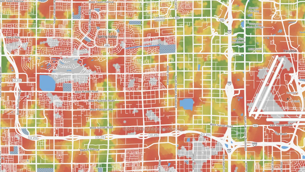 Walk Grade map of 89118, NV, walkable areas in green and car-dependent areas in red