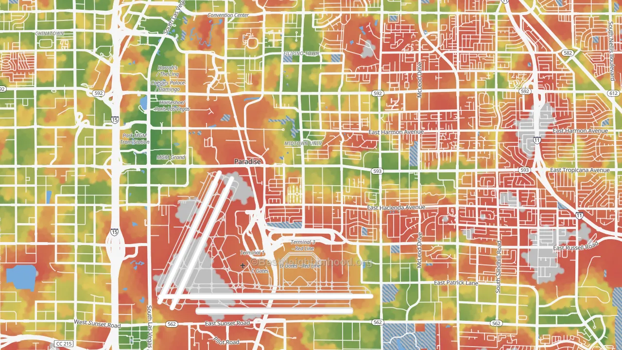Walk Grade map of 89119, NV, walkable areas in green and car-dependent areas in red