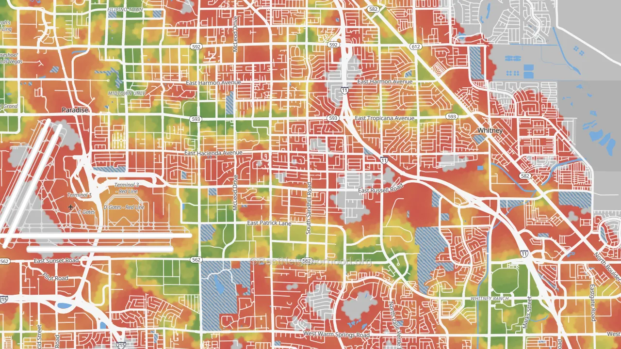 Walk Grade map of 89120, NV, walkable areas in green and car-dependent areas in red