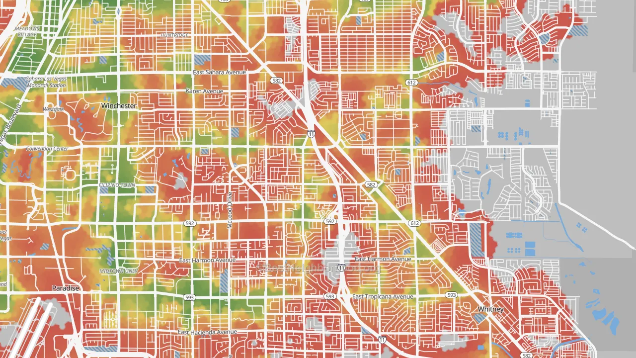 Walk Grade map of 89121, NV, walkable areas in green and car-dependent areas in red