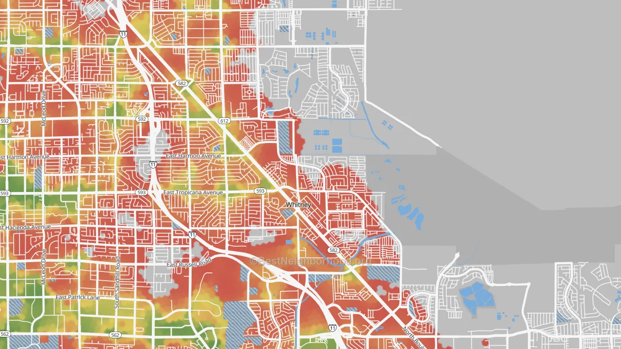 Walk Grade map of 89122, NV, walkable areas in green and car-dependent areas in red