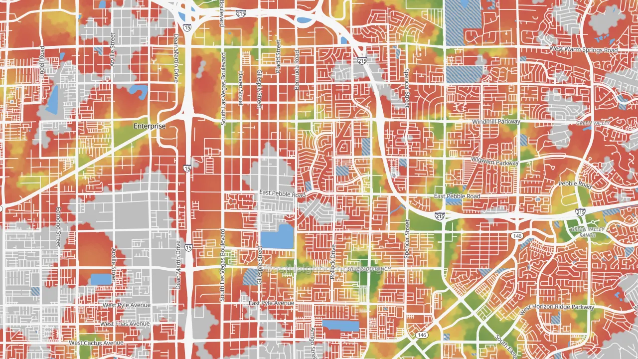 Walk Grade map of 89123, NV, walkable areas in green and car-dependent areas in red