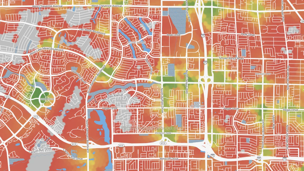 Walk Grade map of 89128, NV, walkable areas in green and car-dependent areas in red