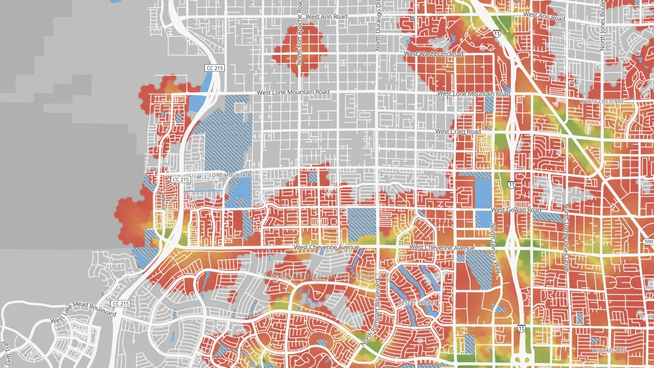 Walk Grade map of 89129, NV, walkable areas in green and car-dependent areas in red