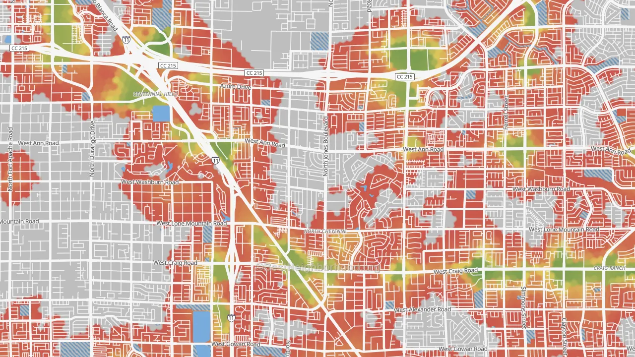 Walk Grade map of 89130, NV, walkable areas in green and car-dependent areas in red