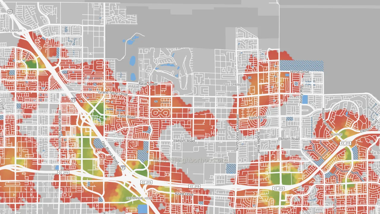 Walk Grade map of 89131, NV, walkable areas in green and car-dependent areas in red