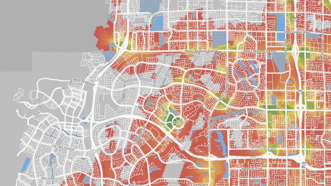 Walk Grade map of 89134, NV, walkable areas in green and car-dependent areas in red