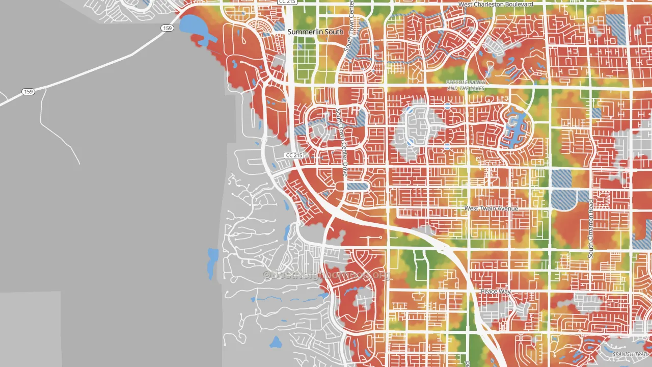 Walk Grade map of 89135, NV, walkable areas in green and car-dependent areas in red