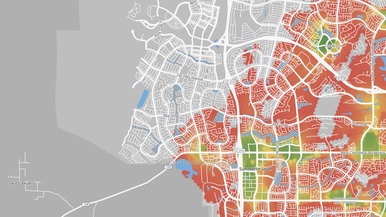 Walk Grade map of 89138, NV, walkable areas in green and car-dependent areas in red