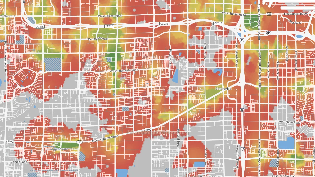 Walk Grade map of 89139, NV, walkable areas in green and car-dependent areas in red