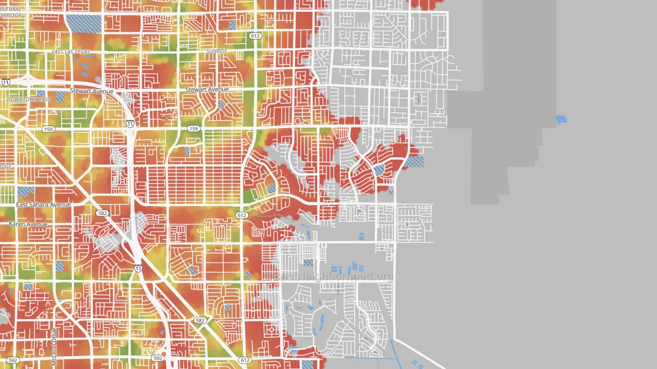 Walk Grade map of 89142, NV, walkable areas in green and car-dependent areas in red
