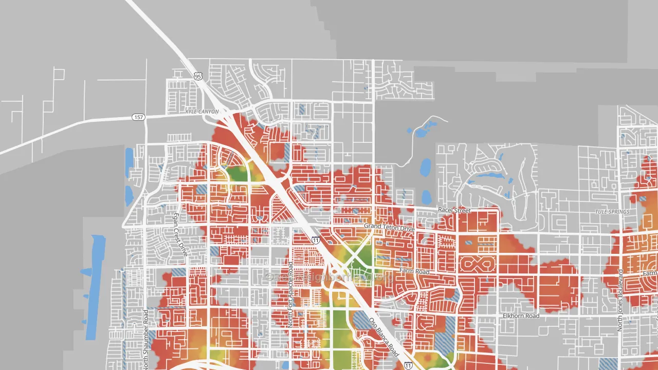 Walk Grade map of 89143, NV, walkable areas in green and car-dependent areas in red