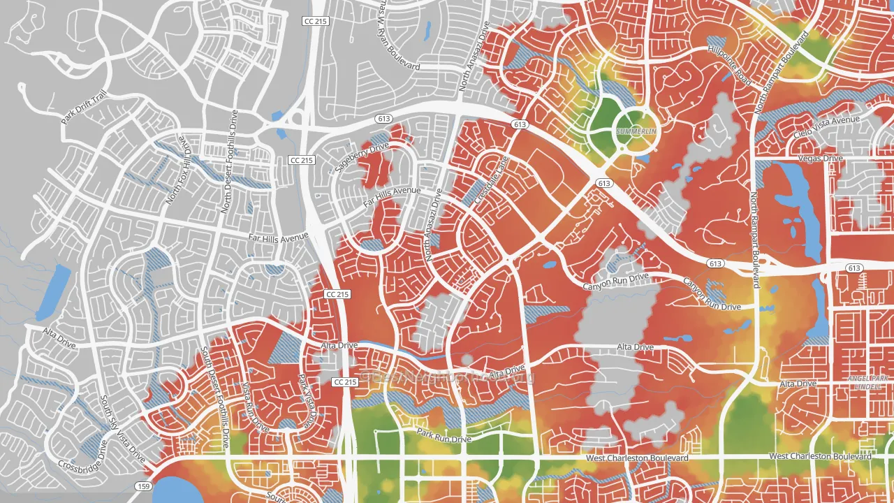 Walk Grade map of 89144, NV, walkable areas in green and car-dependent areas in red