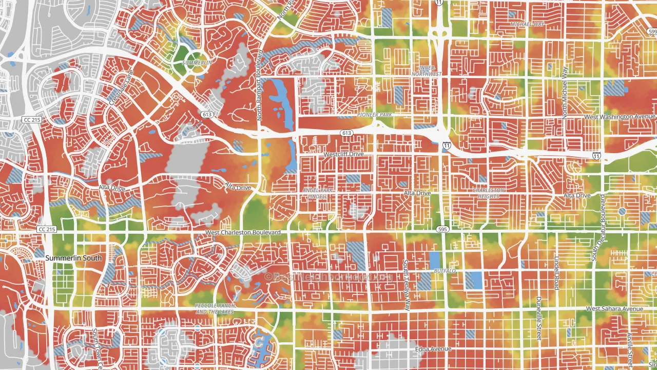 Walk Grade map of 89145, NV, walkable areas in green and car-dependent areas in red