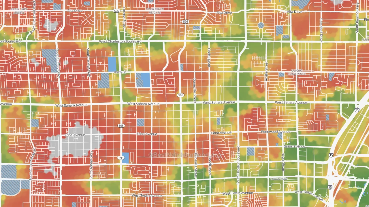 Walk Grade map of 89146, NV, walkable areas in green and car-dependent areas in red