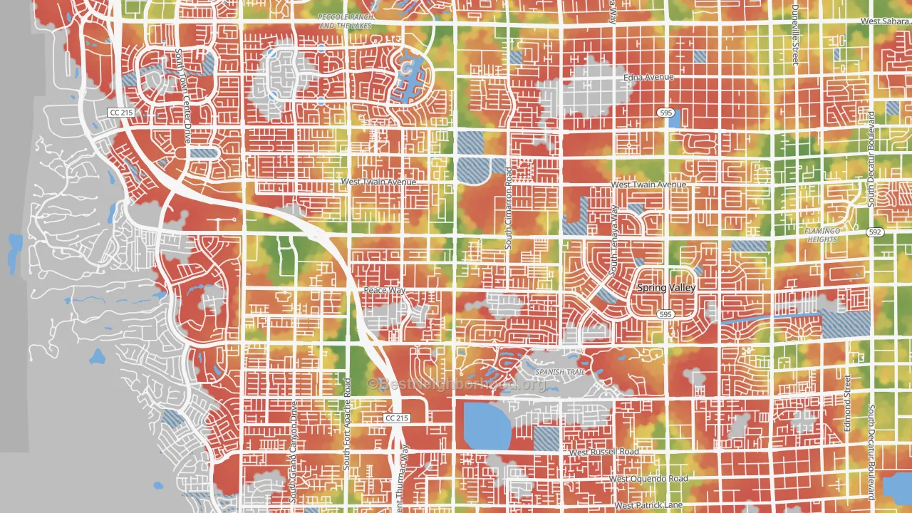 Walk Grade map of 89147, NV, walkable areas in green and car-dependent areas in red