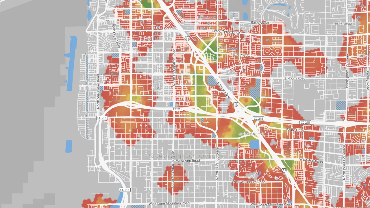 Walk Grade map of 89149, NV, walkable areas in green and car-dependent areas in red