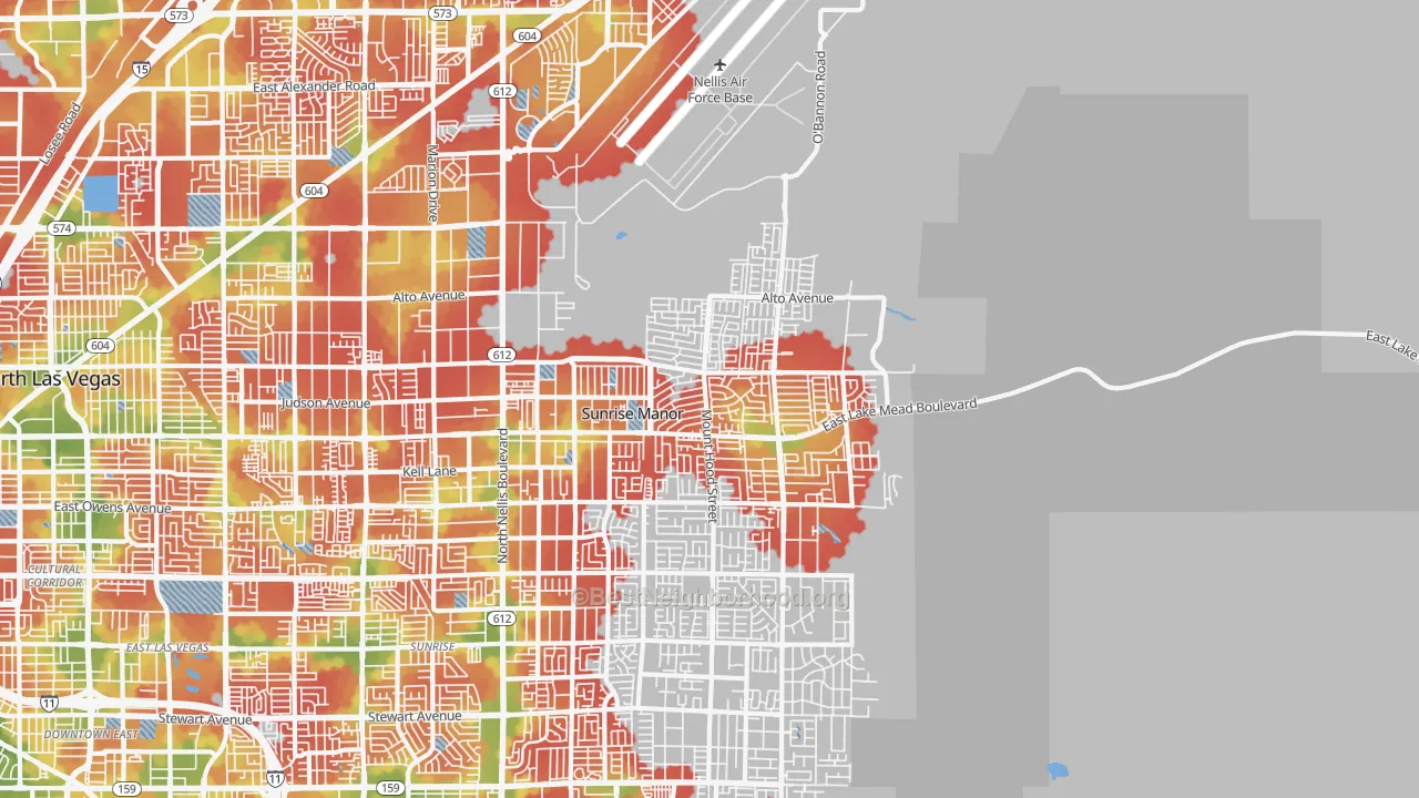 Walk Grade map of 89156, NV, walkable areas in green and car-dependent areas in red