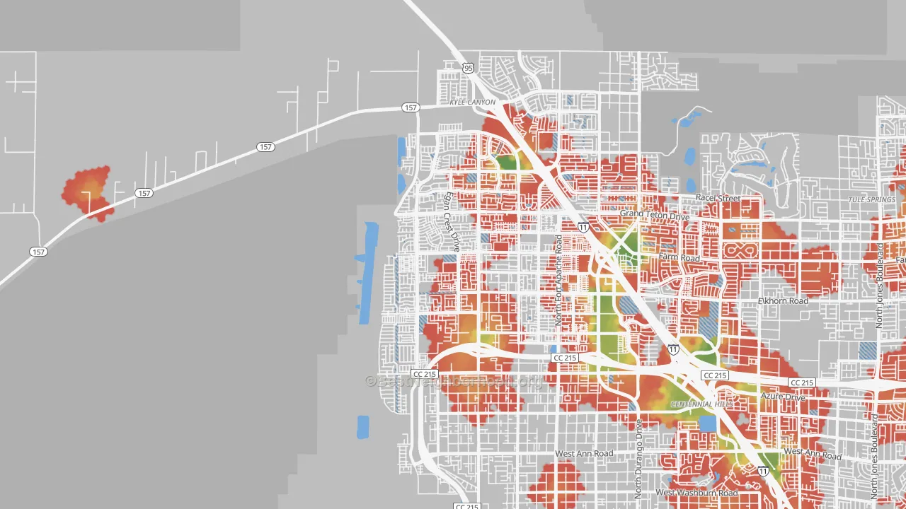Walk Grade map of 89166, NV, walkable areas in green and car-dependent areas in red