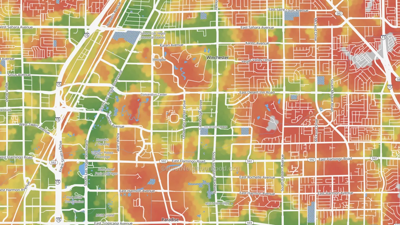 Walk Grade map of 89169, NV, walkable areas in green and car-dependent areas in red