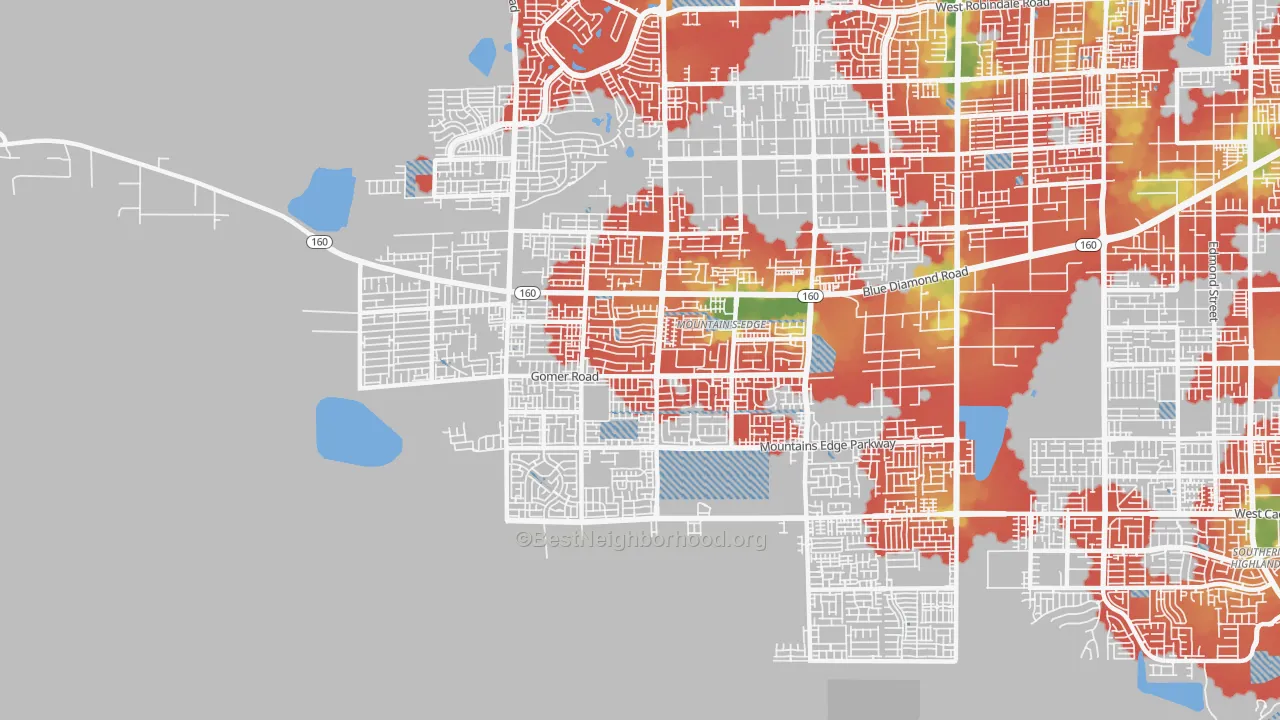 Walk Grade map of 89178, NV, walkable areas in green and car-dependent areas in red