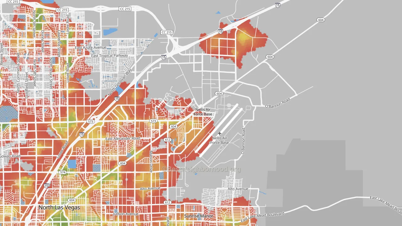 Walk Grade map of 89191, NV, walkable areas in green and car-dependent areas in red