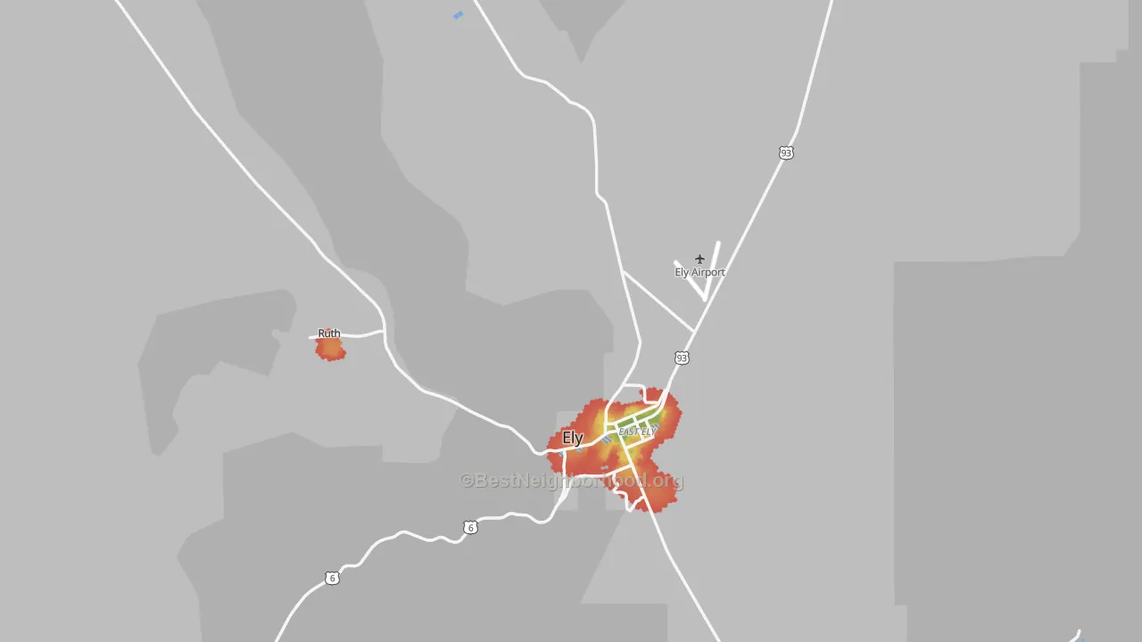 Walk Grade map of 89301, NV, walkable areas in green and car-dependent areas in red