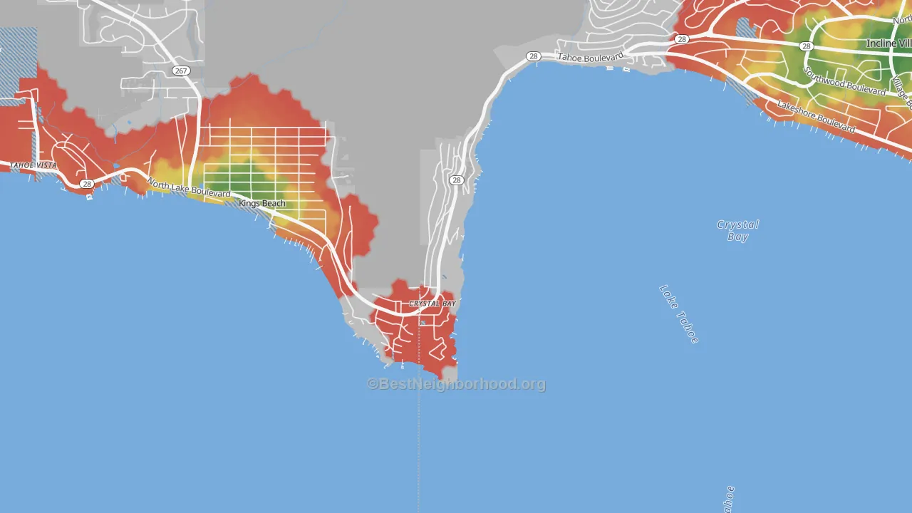 Walk Grade map of 89402, NV, walkable areas in green and car-dependent areas in red