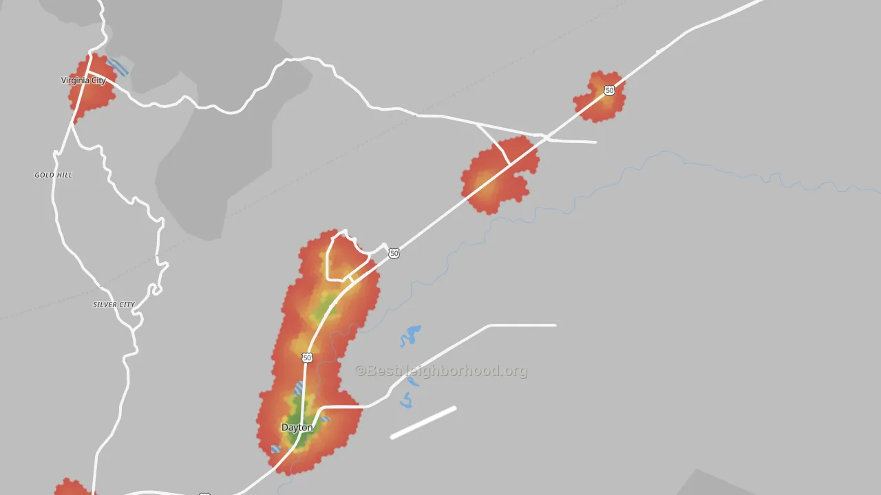 Walk Grade map of 89403, NV, walkable areas in green and car-dependent areas in red