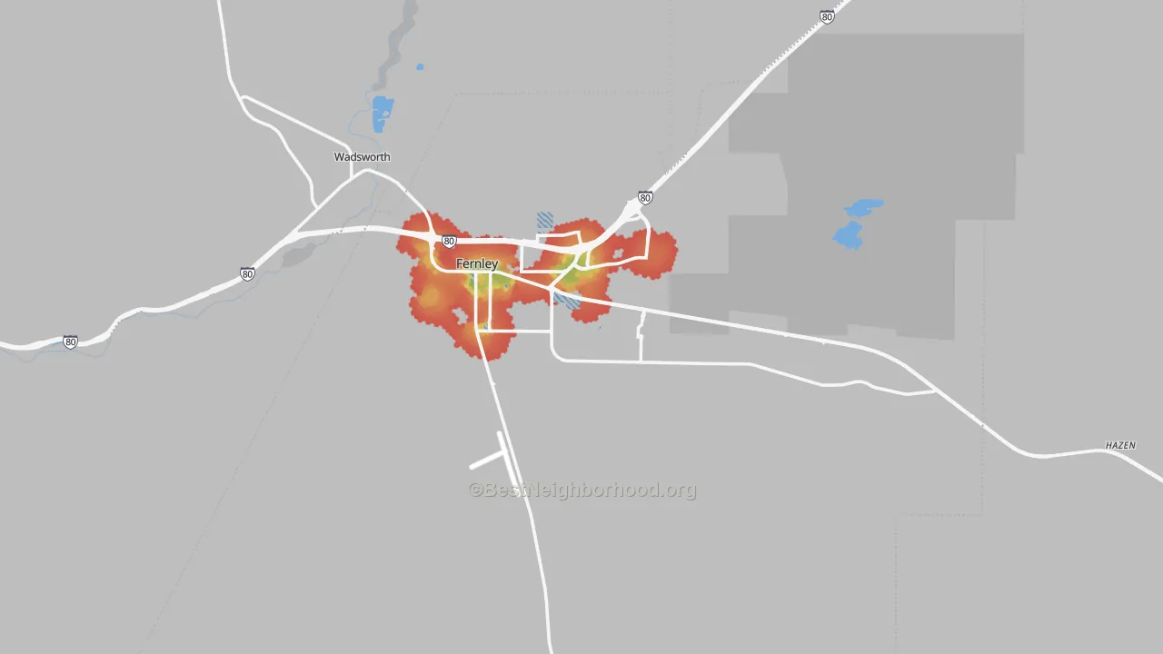 Walk Grade map of 89408, NV, walkable areas in green and car-dependent areas in red