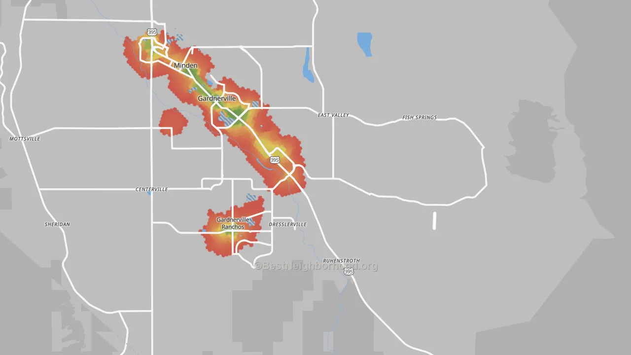 Walk Grade map of 89410, NV, walkable areas in green and car-dependent areas in red