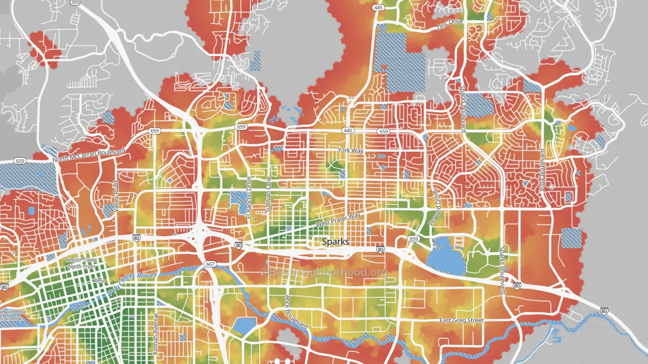 Walk Grade map of 89431, NV, walkable areas in green and car-dependent areas in red