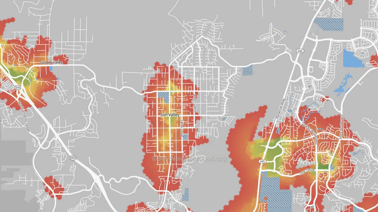 Walk Grade map of 89433, NV, walkable areas in green and car-dependent areas in red