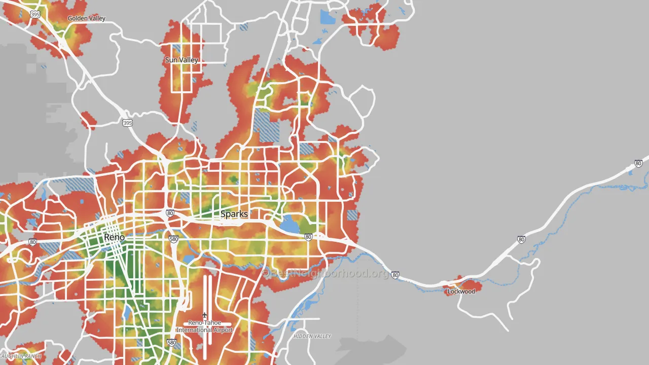 Walk Grade map of 89434, NV, walkable areas in green and car-dependent areas in red