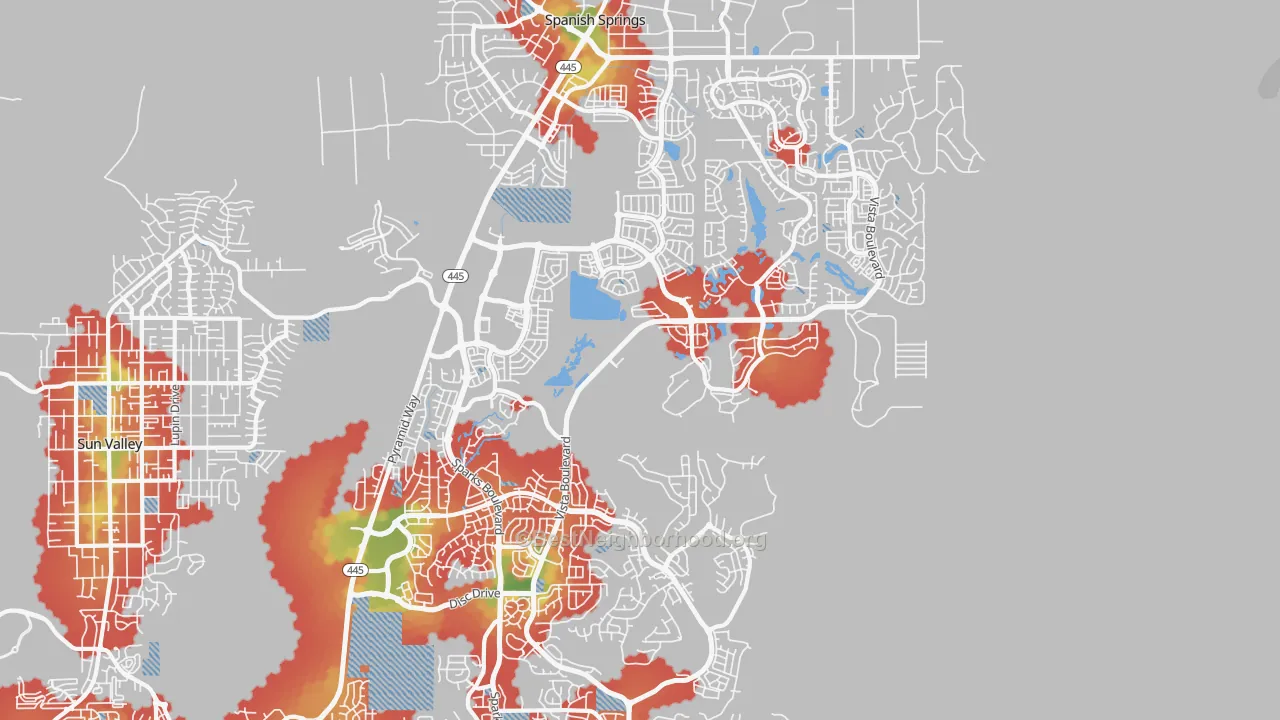 Walk Grade map of 89436, NV, walkable areas in green and car-dependent areas in red