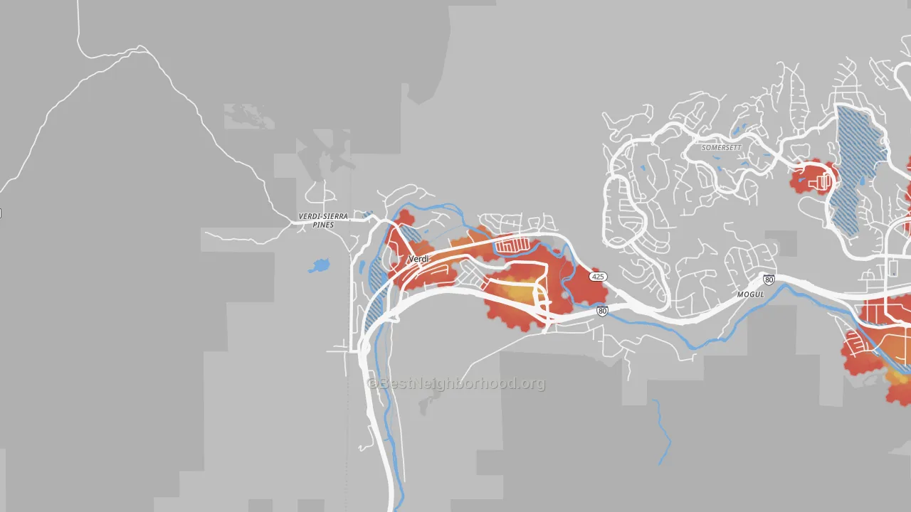 Walk Grade map of 89439, NV, walkable areas in green and car-dependent areas in red