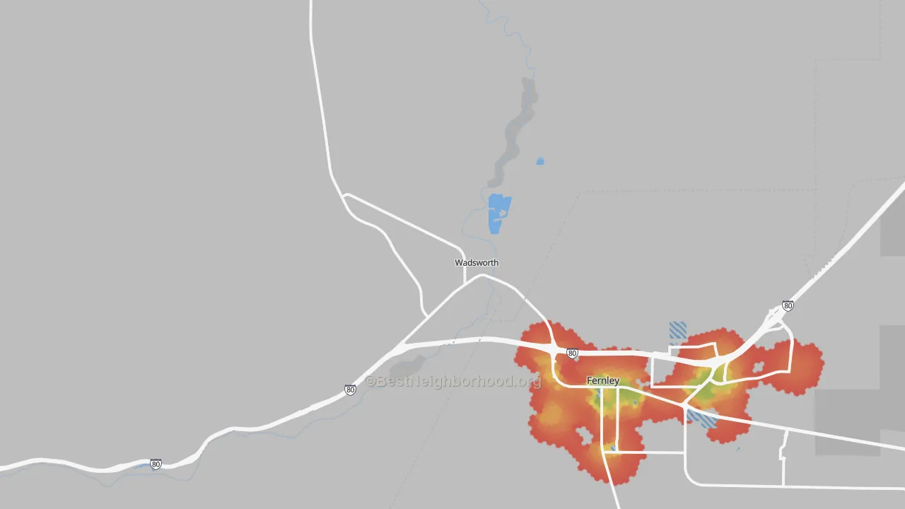 Walk Grade map of 89442, NV, walkable areas in green and car-dependent areas in red