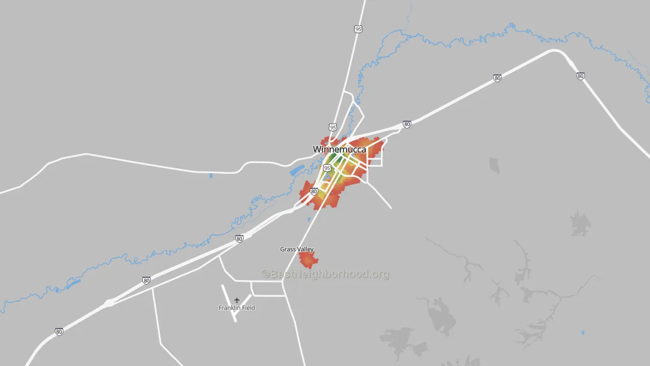 Walk Grade map of 89445, NV, walkable areas in green and car-dependent areas in red