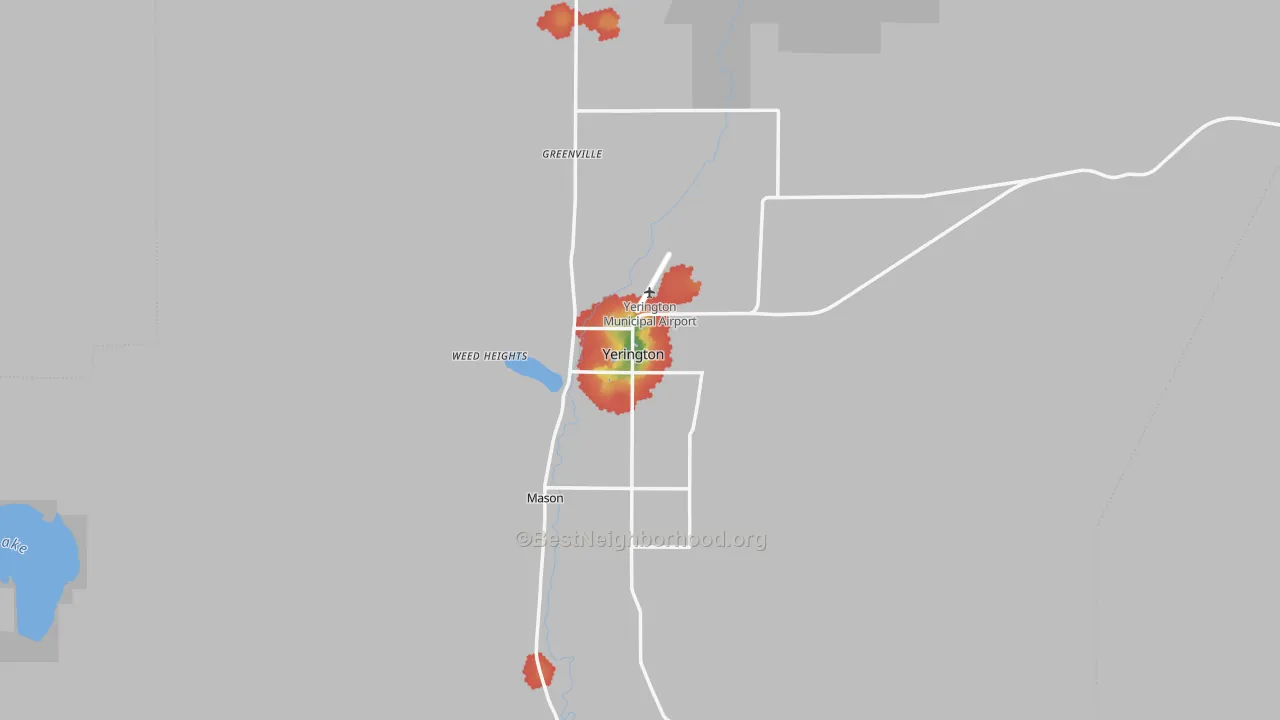 Walk Grade map of 89447, NV, walkable areas in green and car-dependent areas in red