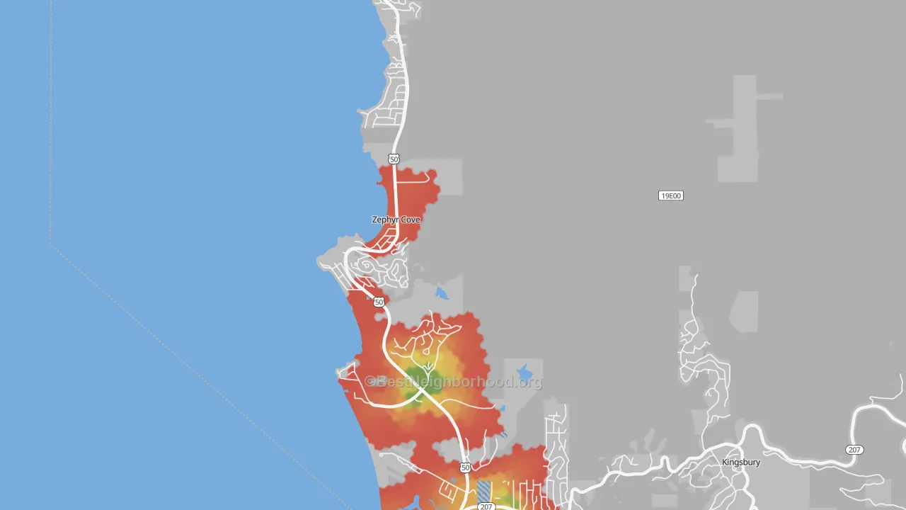 Walk Grade map of 89448, NV, walkable areas in green and car-dependent areas in red