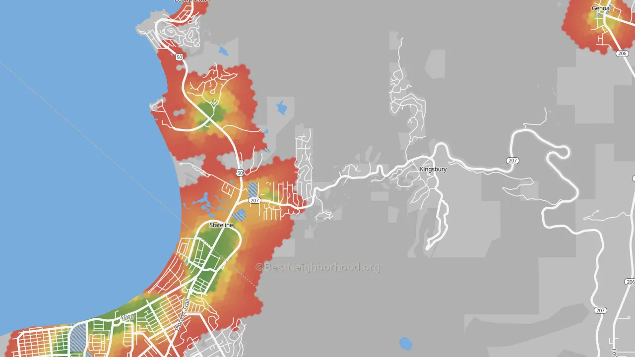 Walk Grade map of 89449, NV, walkable areas in green and car-dependent areas in red