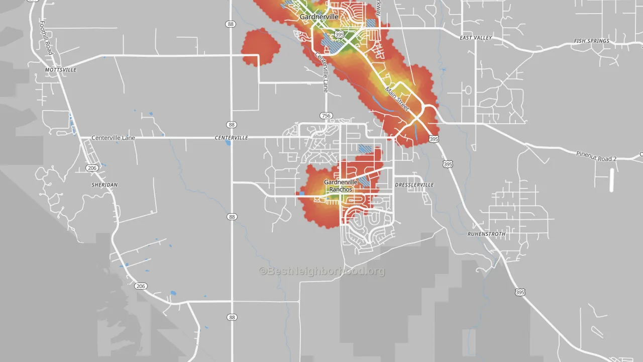 Walk Grade map of 89460, NV, walkable areas in green and car-dependent areas in red