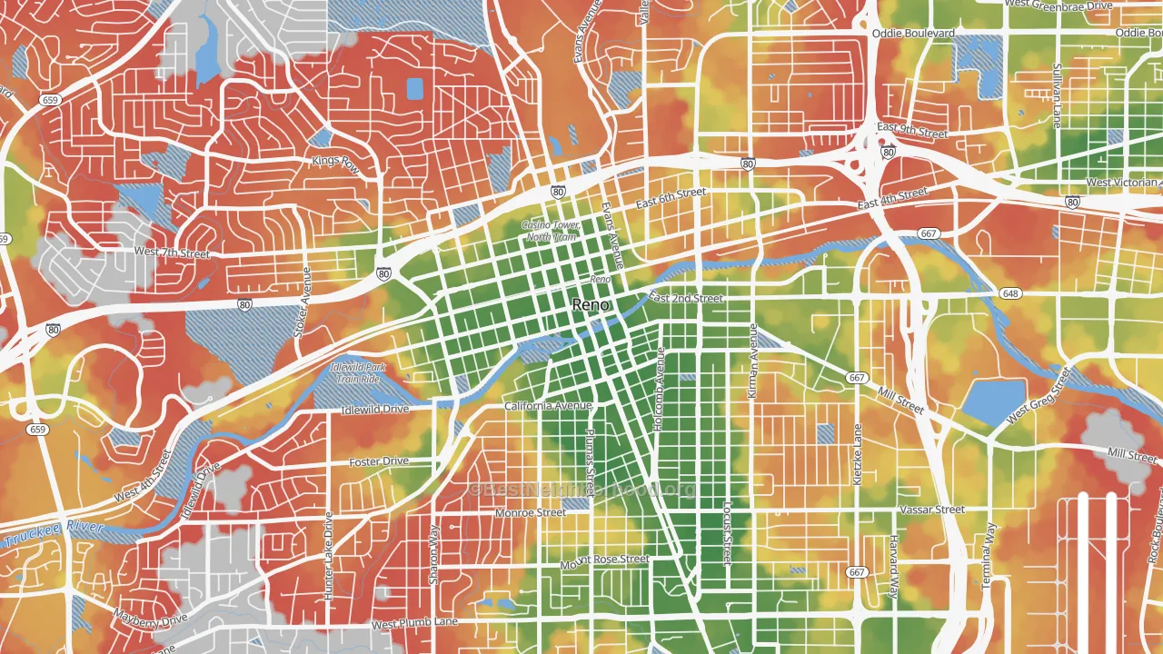 Walk Grade map of 89501, NV, walkable areas in green and car-dependent areas in red