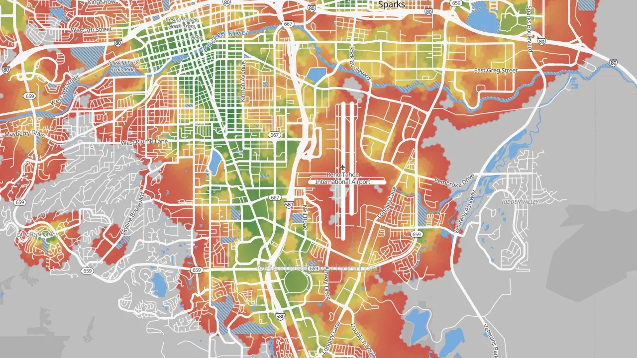 Walk Grade map of 89502, NV, walkable areas in green and car-dependent areas in red