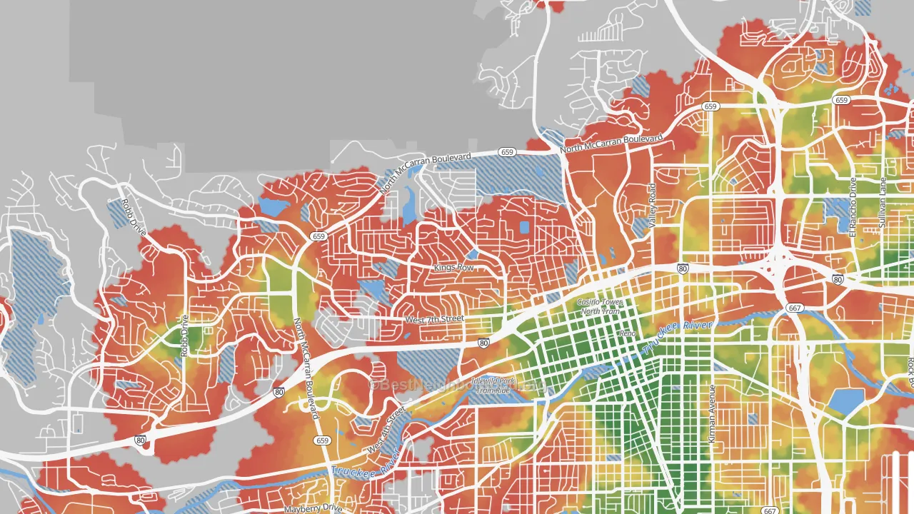 Walk Grade map of 89503, NV, walkable areas in green and car-dependent areas in red