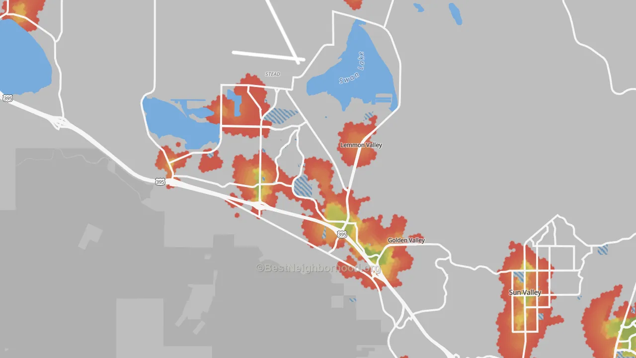 Walk Grade map of 89506, NV, walkable areas in green and car-dependent areas in red