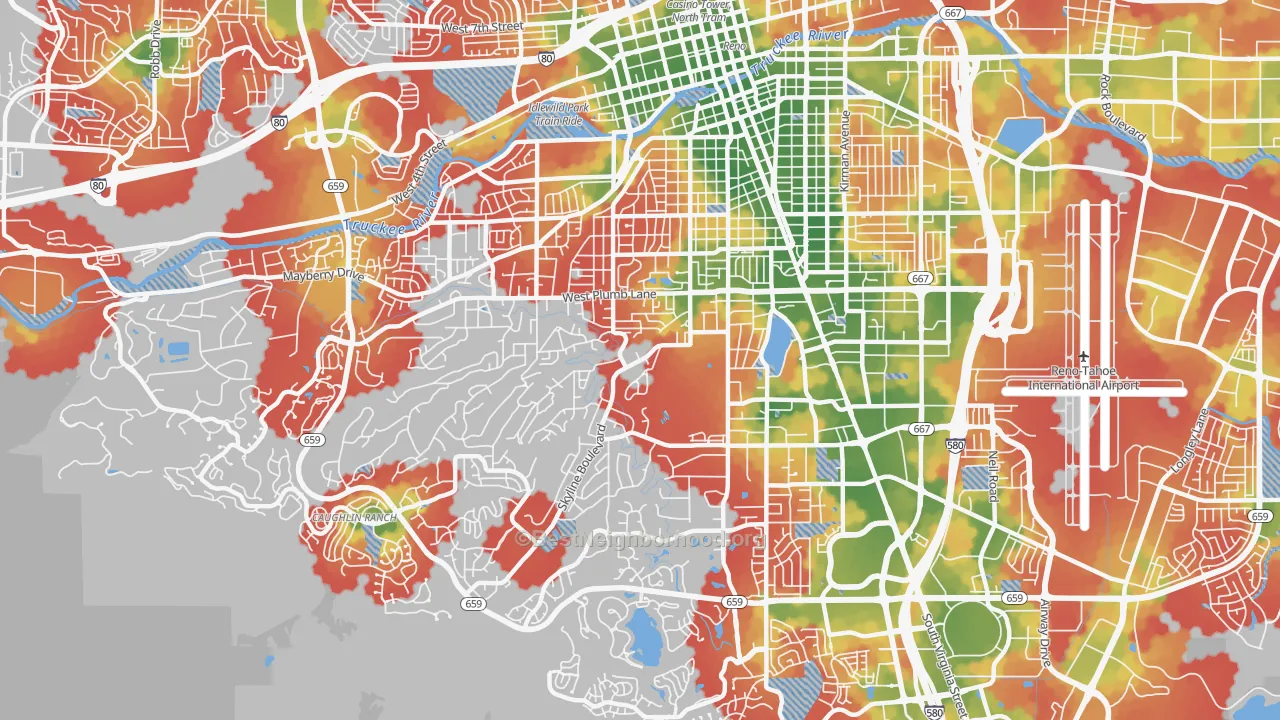 Walk Grade map of 89509, NV, walkable areas in green and car-dependent areas in red