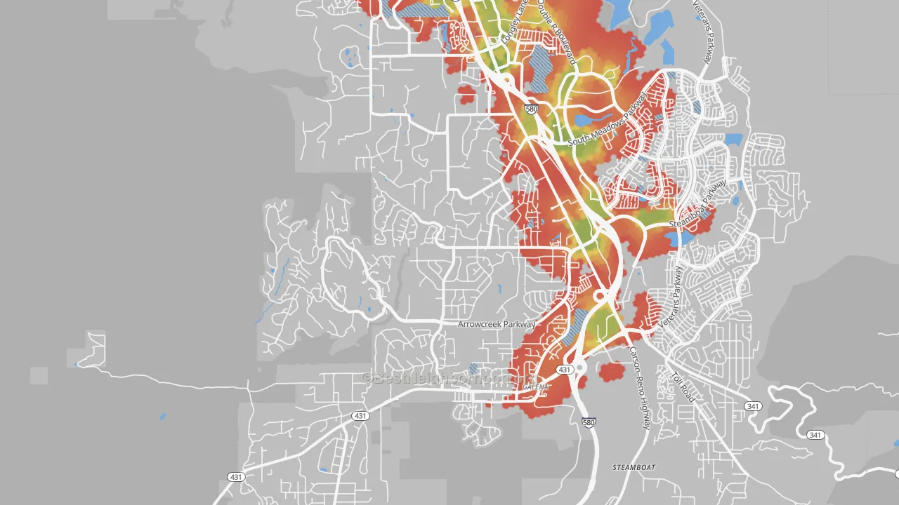 Walk Grade map of 89511, NV, walkable areas in green and car-dependent areas in red