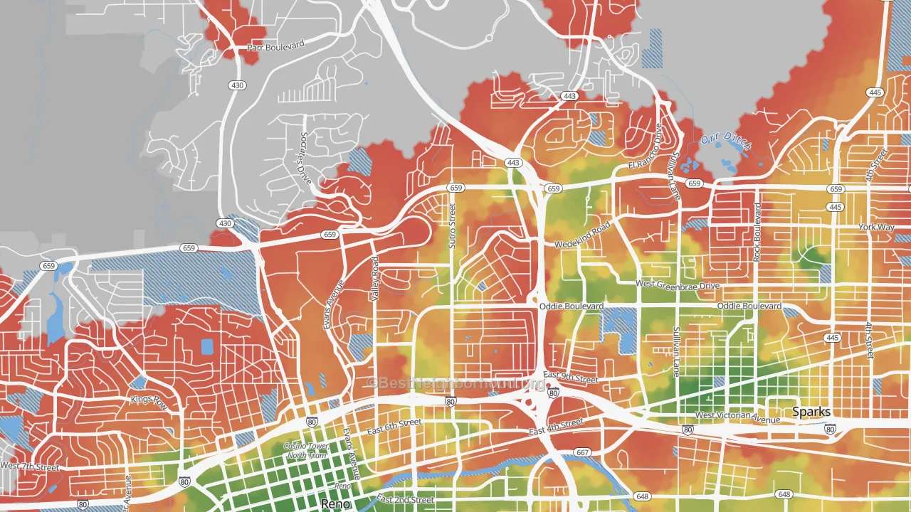 Walk Grade map of 89512, NV, walkable areas in green and car-dependent areas in red