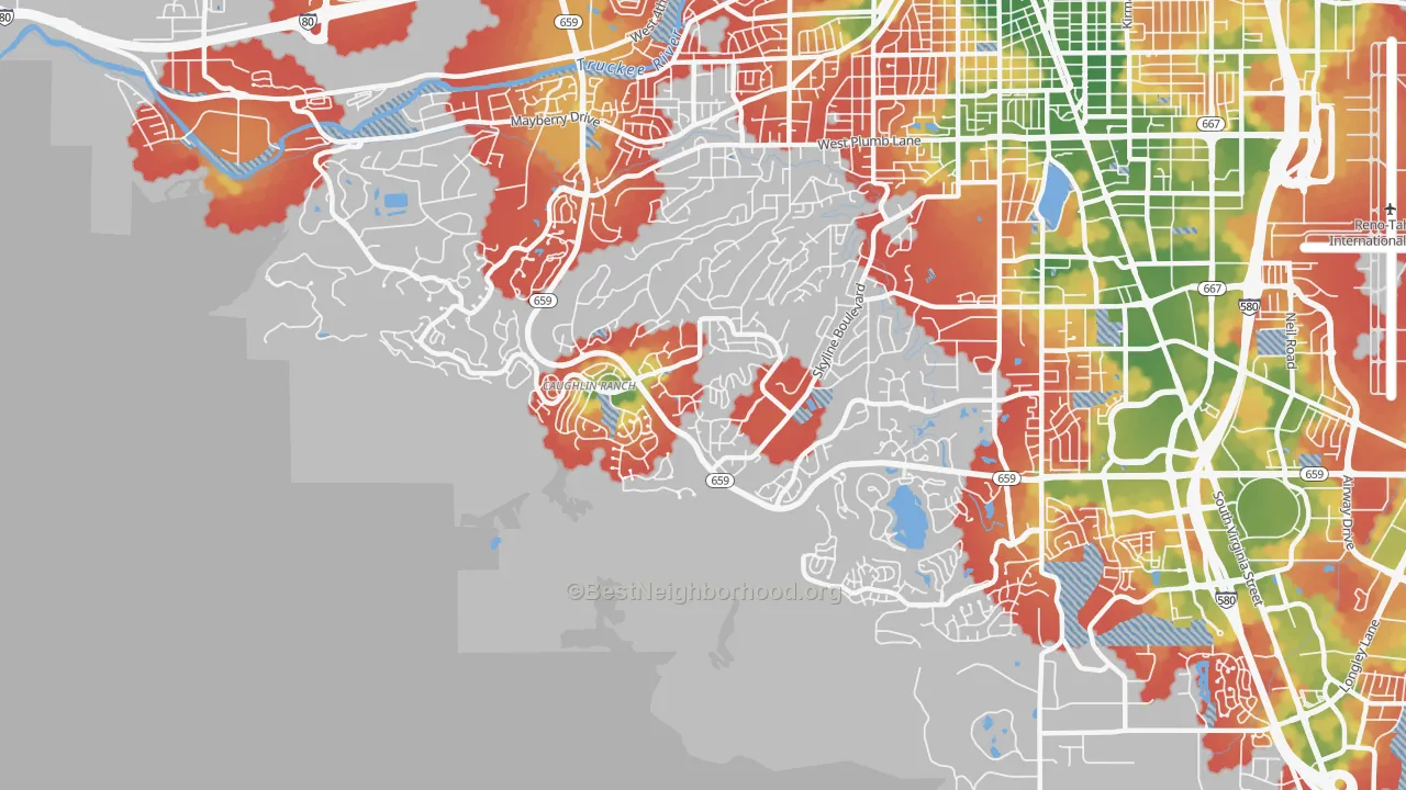 Walk Grade map of 89519, NV, walkable areas in green and car-dependent areas in red